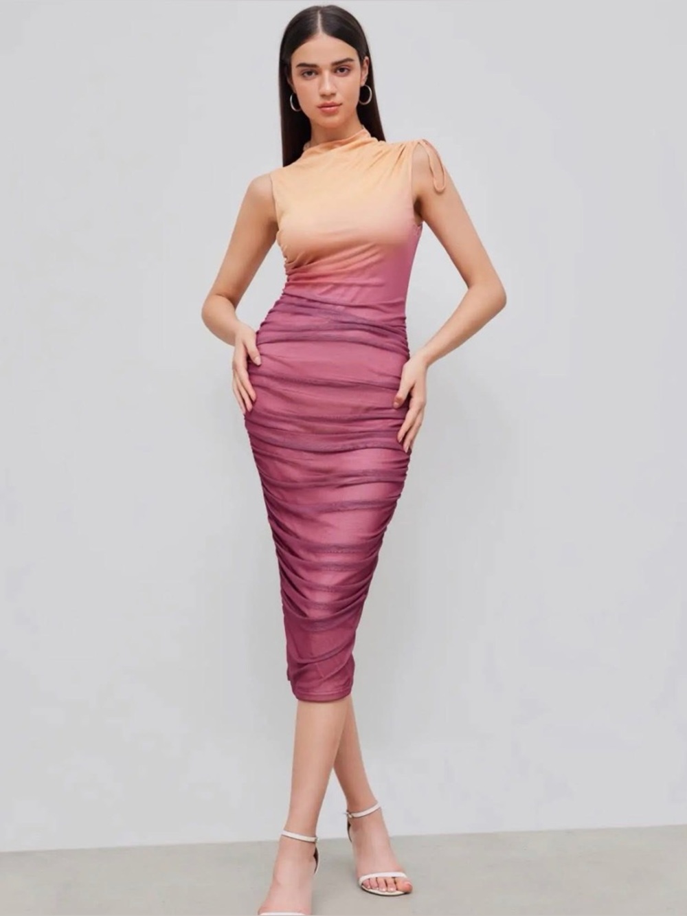 Cider Rose MESH ROUND NECKLINE GRADIENT RUCHED DRAWSTRING MIDI DRESS small nwt